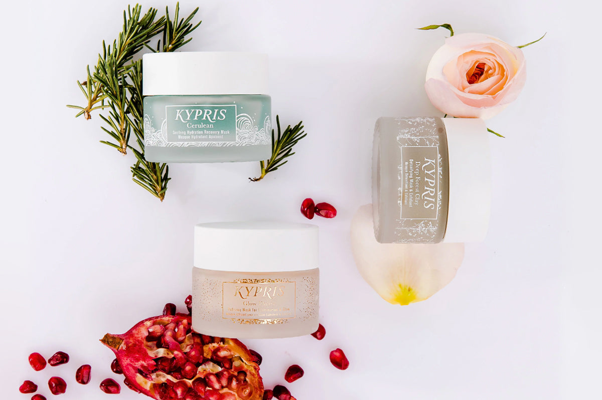 Glow Philtre Mask, in frosted glass jar, Cerulean Mask in frosted glass jar, and Deep Forest Clay Mask, in frosted glass jar.