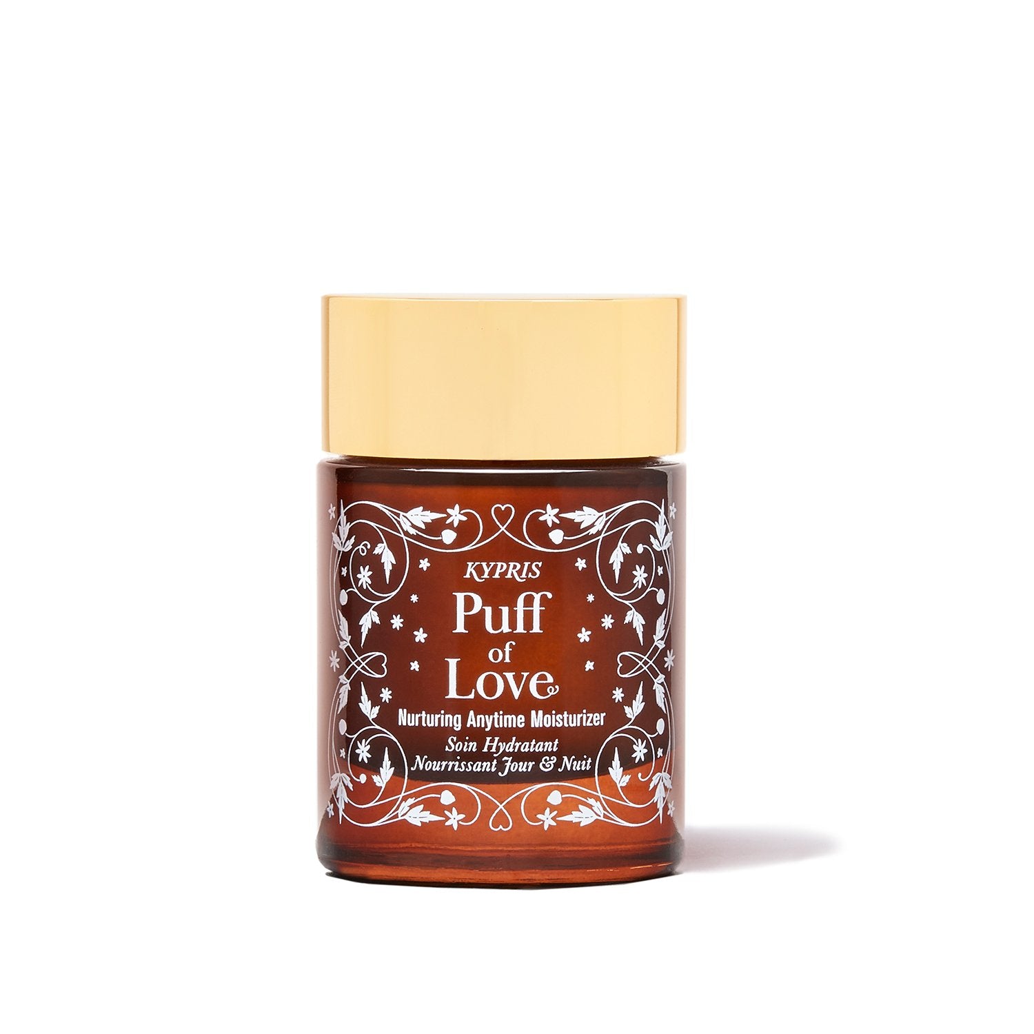 Puff of Love Moisturizer, in amber glass jar with gold lid, on white background.