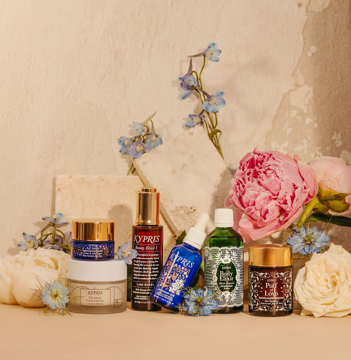 KYPRIS Ad Astra, Beauty Elixir I, Antioxidant Dew, Body Elixir, Puff of Love, Cleanser Concentrate with flowers