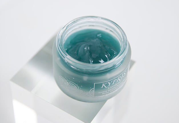 KYPRIS Cerulean Sea Soothing Hydration Mask in glass jar with teal gel texture