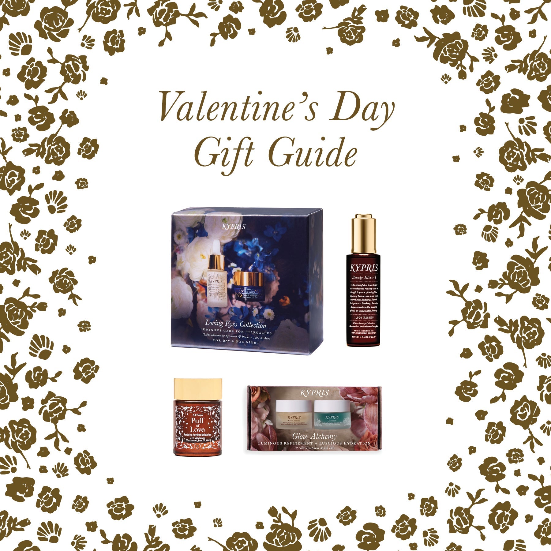 Valentine’s Day Gift Guide featuring KYPRIS skincare collections with floral design