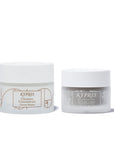 Cleanser Concentrate, in frosted glass jar and Deep Forest Clay Mask, in frosted glass jar, on white background.
