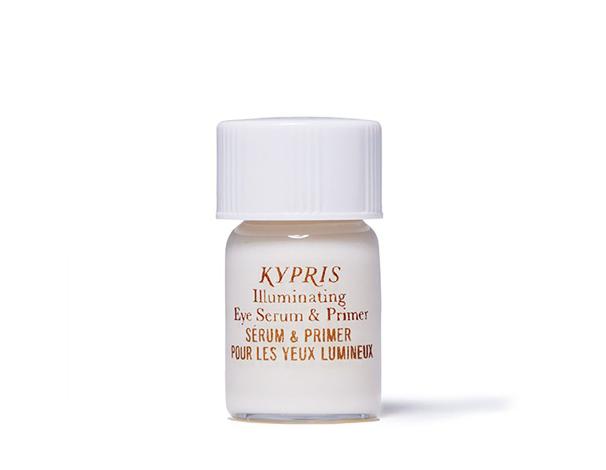 Illuminating Eye Daytime Serum &amp; Primer, in clear glass bottle, on white background.