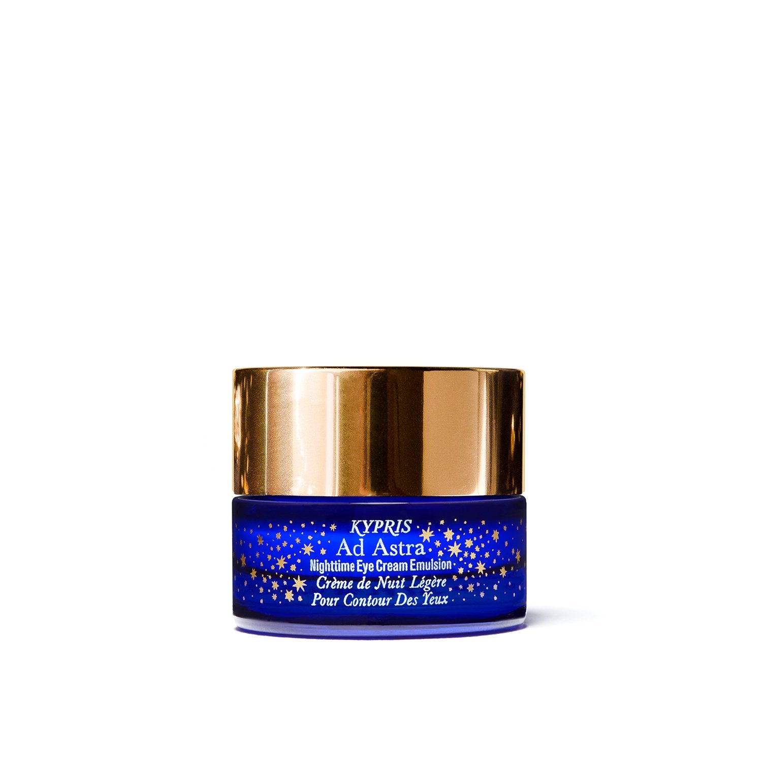 Ad Astra Nighttime Eye Cream Emulsion, in cobalt glass jar with gold lid, on white background.