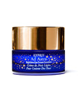 Ad Astra Nighttime Eye Cream Emulsion, in cobalt glass jar with gold lid, on white background.