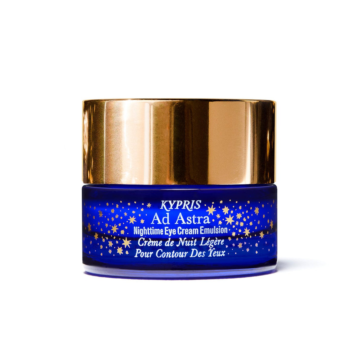 Ad Astra Nighttime Eye Cream Emulsion, in cobalt glass jar with gold lid, on white background.