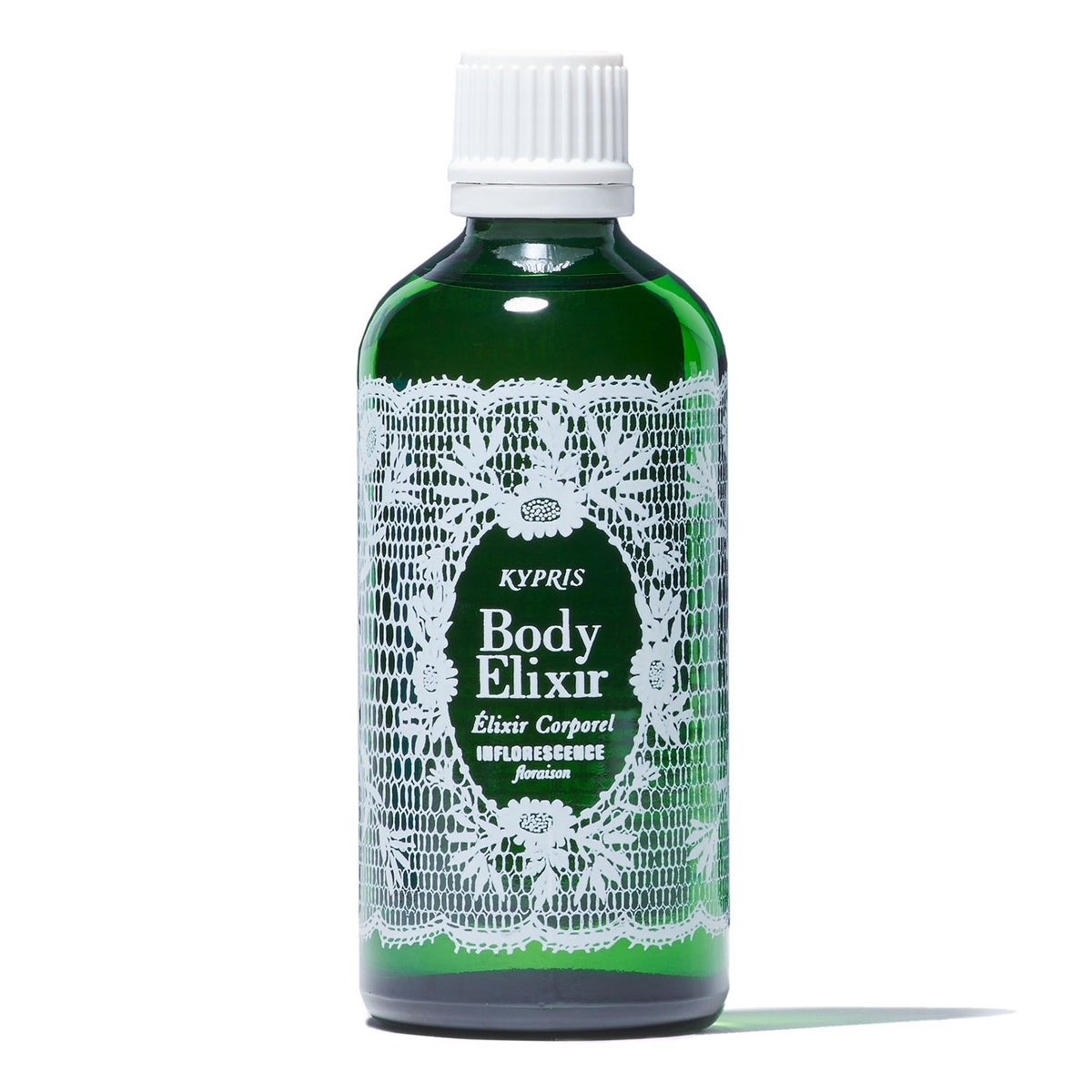 Body Elixir: Inflorescence body oil, in green glass bottle with white cap, on white white background.