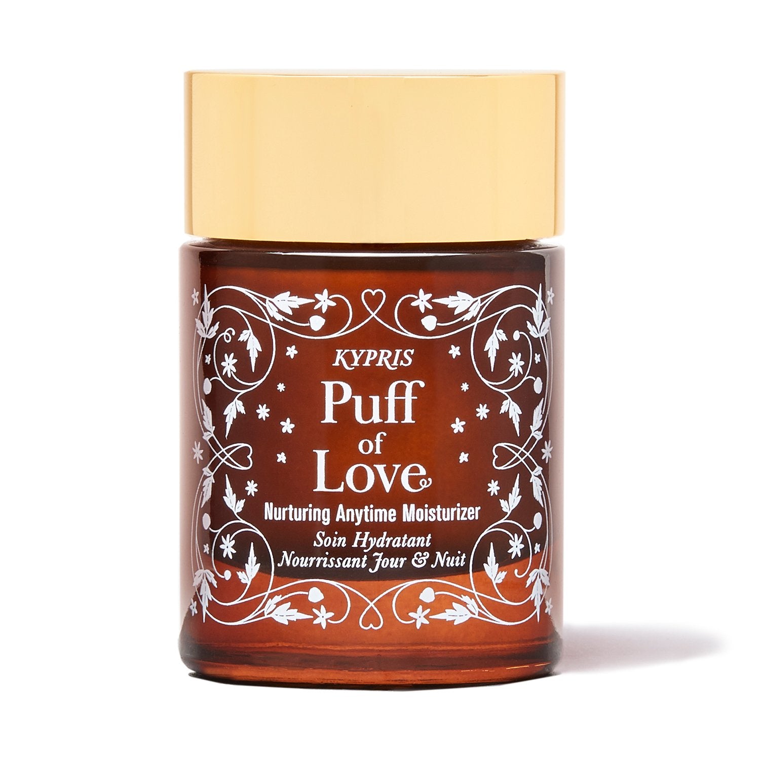 Puff of Love Moisturizer, in amber glass jar with gold lid, on white background.