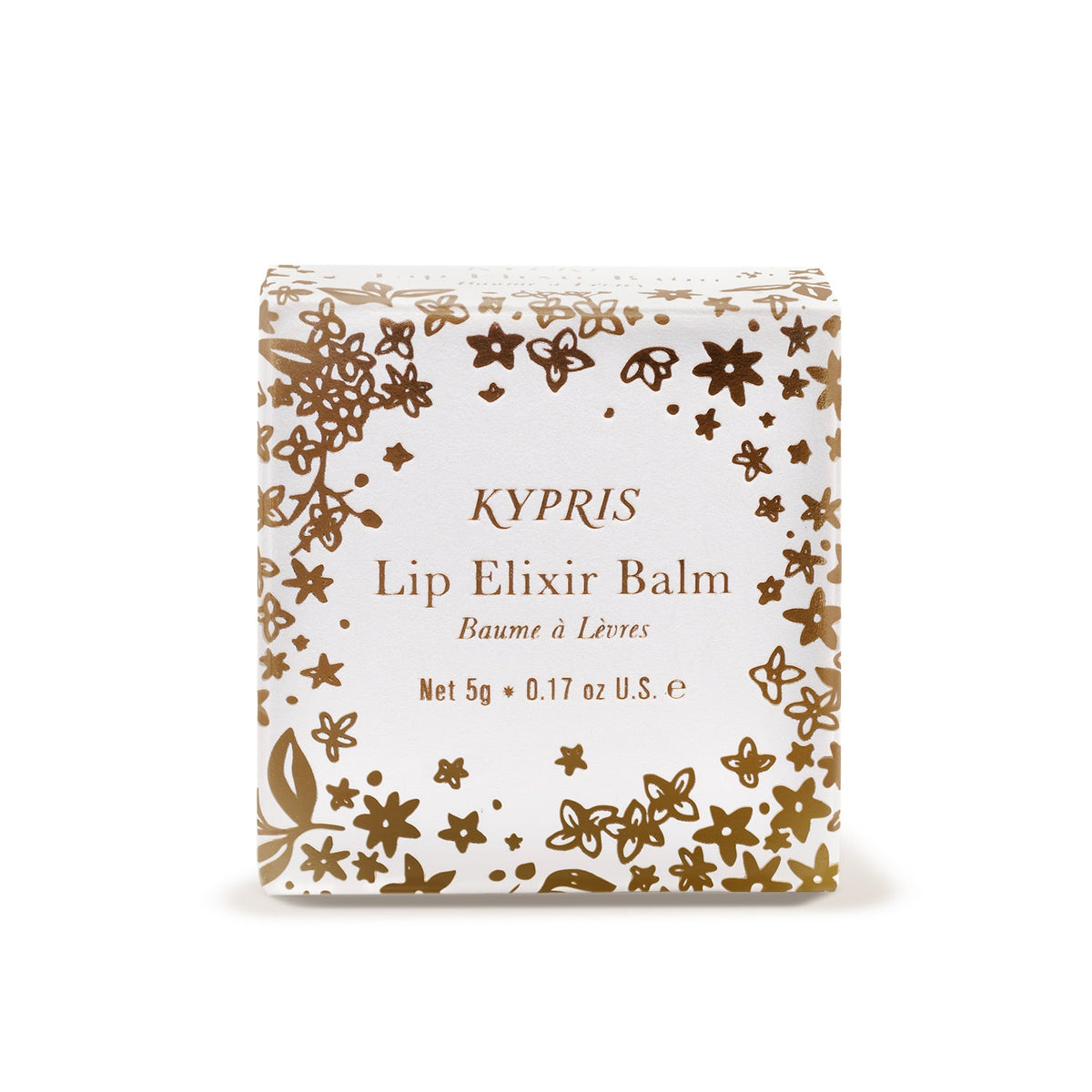 Lip Balm Elixir, white packaging, on white background.