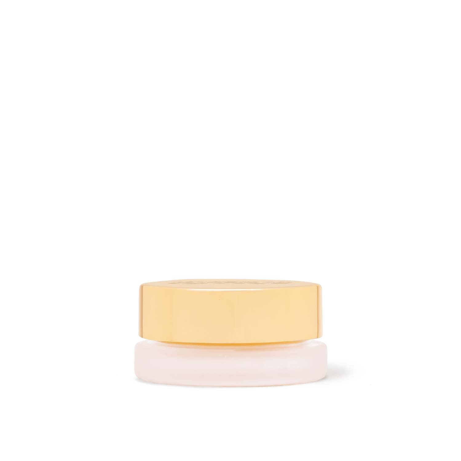 Lip Balm Elixir, in frosted jar with gold lid, on white background.