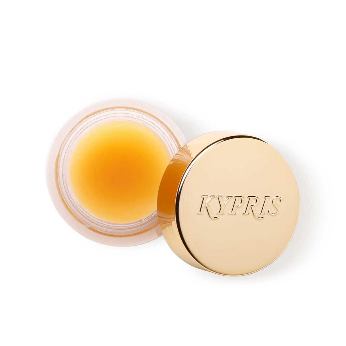 Lip Balm Elixir, in frosted jar with gold lid, on white background.