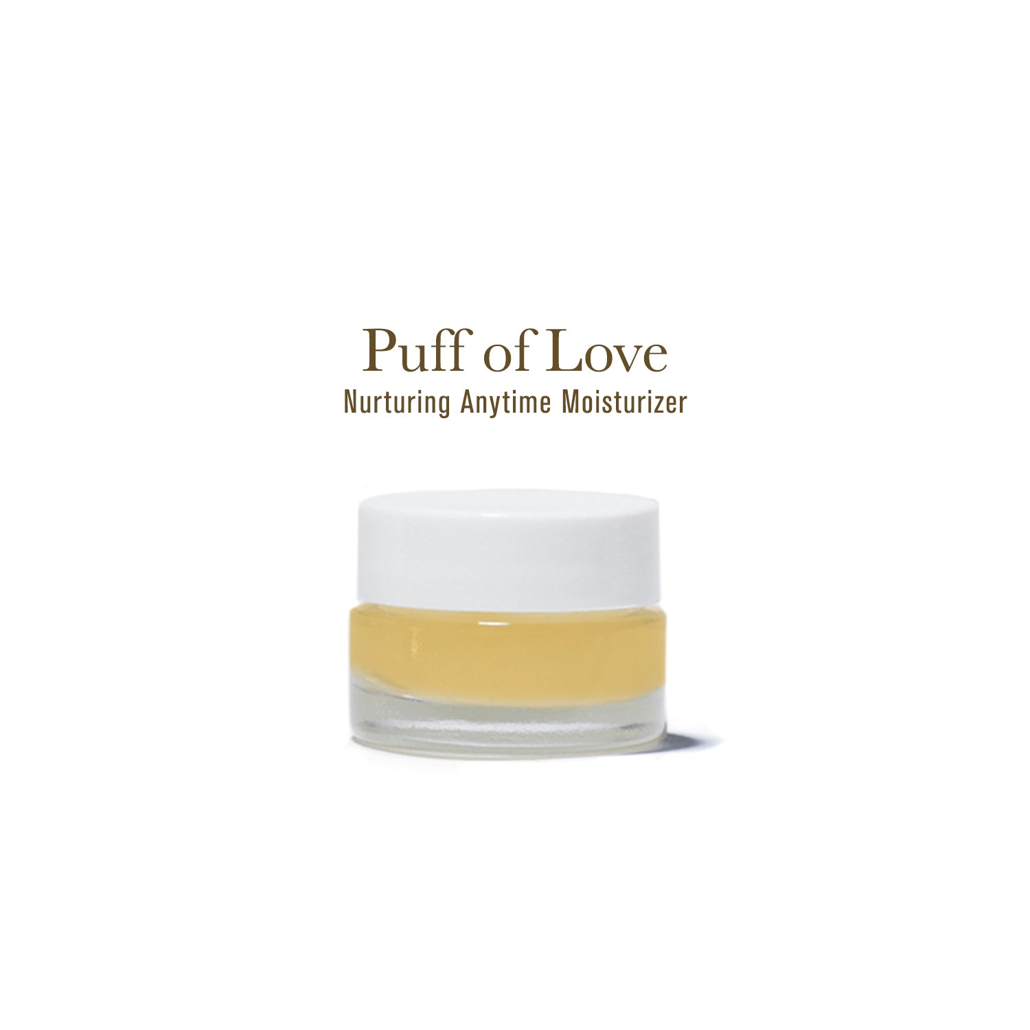 Puff of Love Moisturizer, in clear glass jar with white lid, on white background.