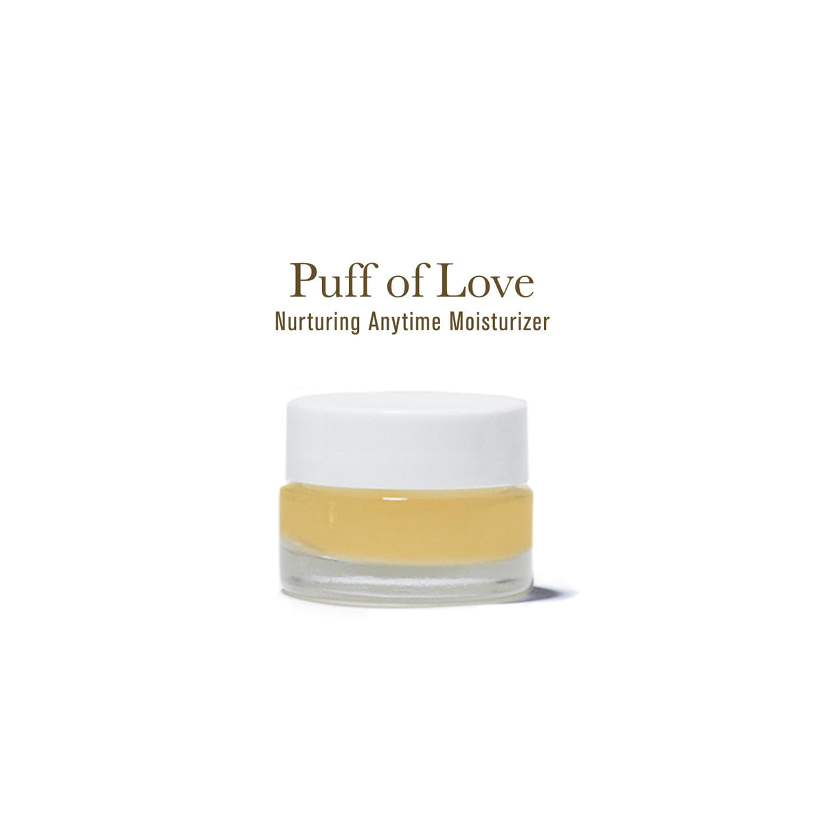 Puff of Love Moisturizer, in clear glass jar with white lid, on white background.